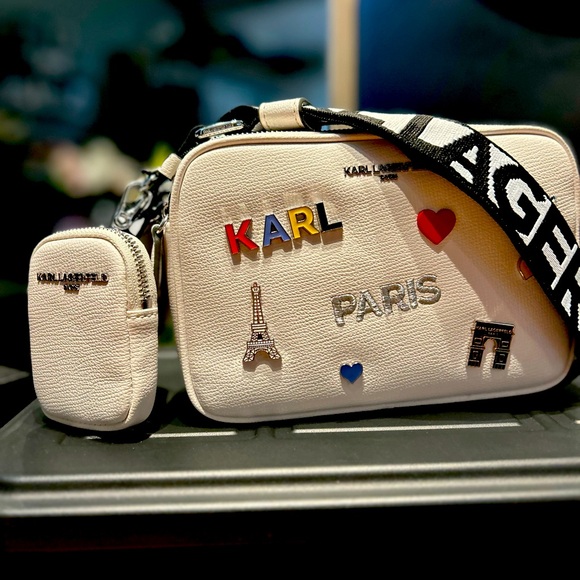 Karl Lagerfeld Maybelle Crossbody Bag purse Double Zip White With Pins And Pouch - Picture 3 of 8